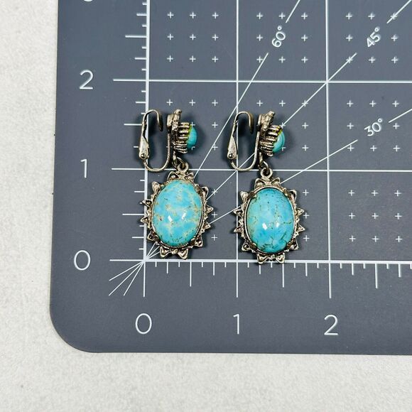 Womens Earrings Blue Stone Cabochon Silver Tone 1.75" Western Clip On Jewelry - Picture 11 of 11